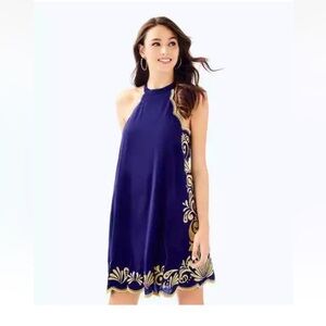 Lilly Pulitzer Quinn Dress True Navy Gypset Swiri Embroidered Gold Sz XXS